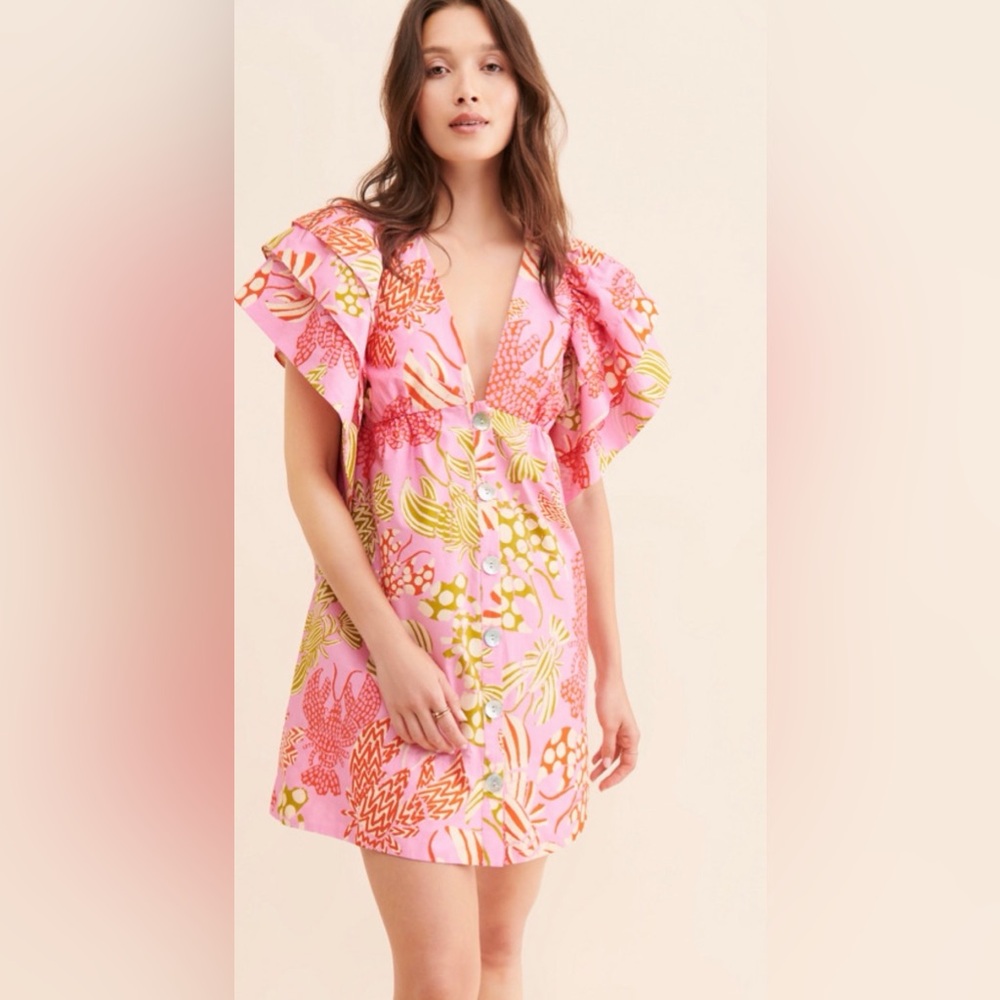 Farm Rio Mixed Lobster ruffle sleeve dress sz M